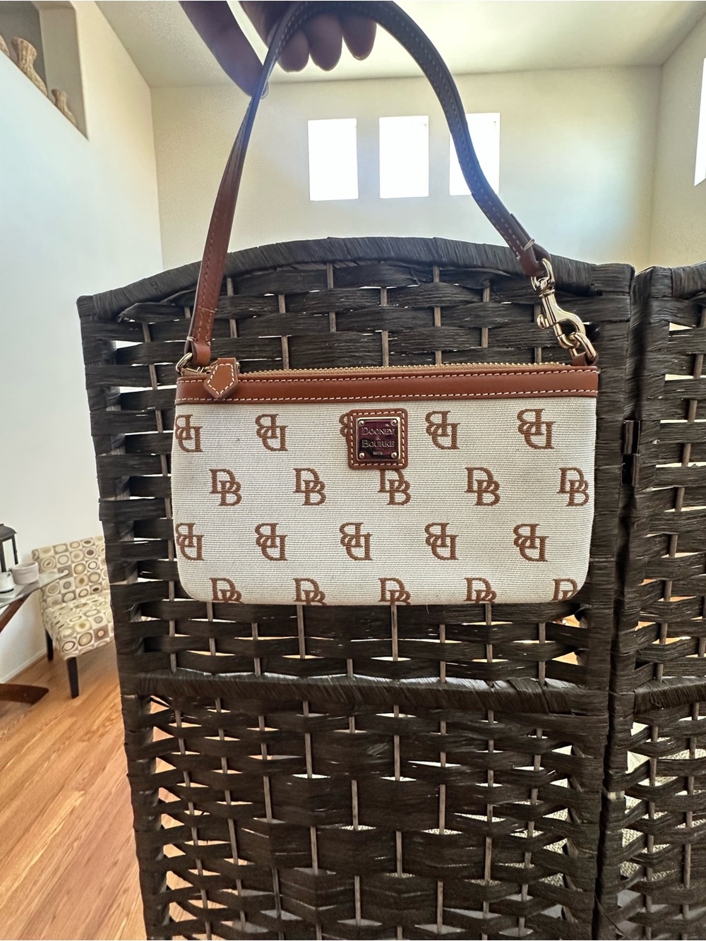Dooney & Bourke Cream Canvas DB Logo Wristlet with Brown Trim